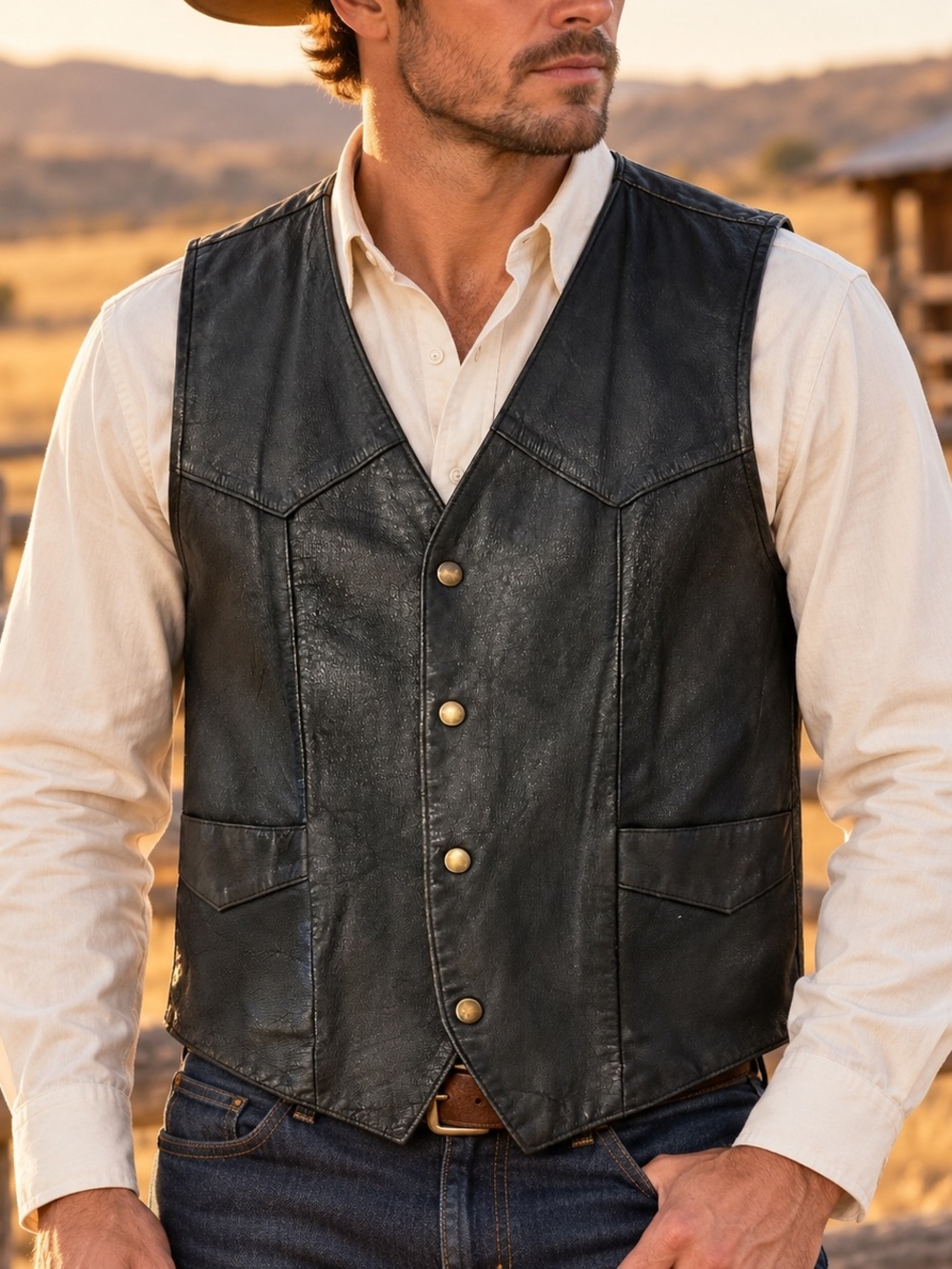 Vintage Western Rodeo Men’s XL Black Leather Cowboy Vest